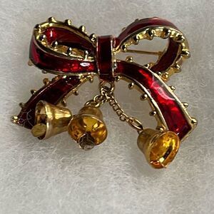 Vintage bow & dangle bells holiday brooch